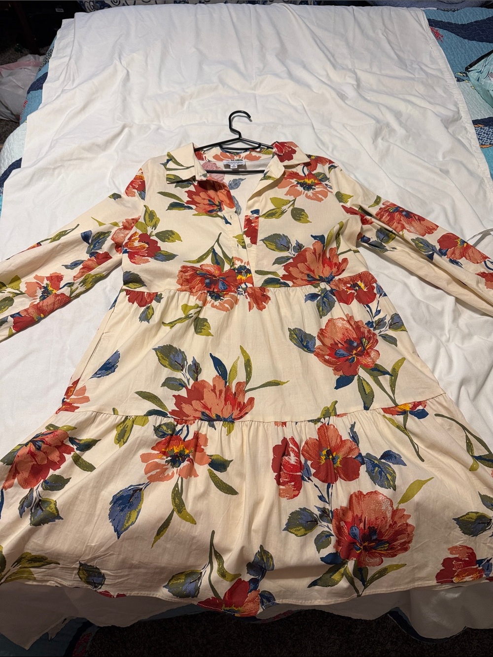 Tahari Cream Floral Tiered Long Sleeve Dress with Red & Blue Flowers